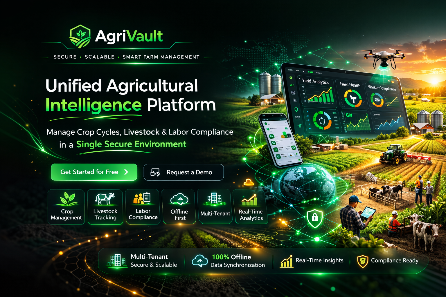 AgriVault – Unified Agricultural Management Platform. A secure multi-tenant solution to manage crops, livestock, and labor compliance across multiple farms.